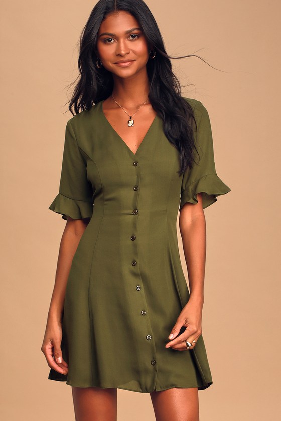 Cute Olive Green Dress - Button-Up ...